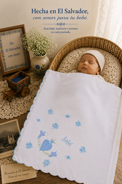 Manta de Bebe - Blanca con Bordado Azul