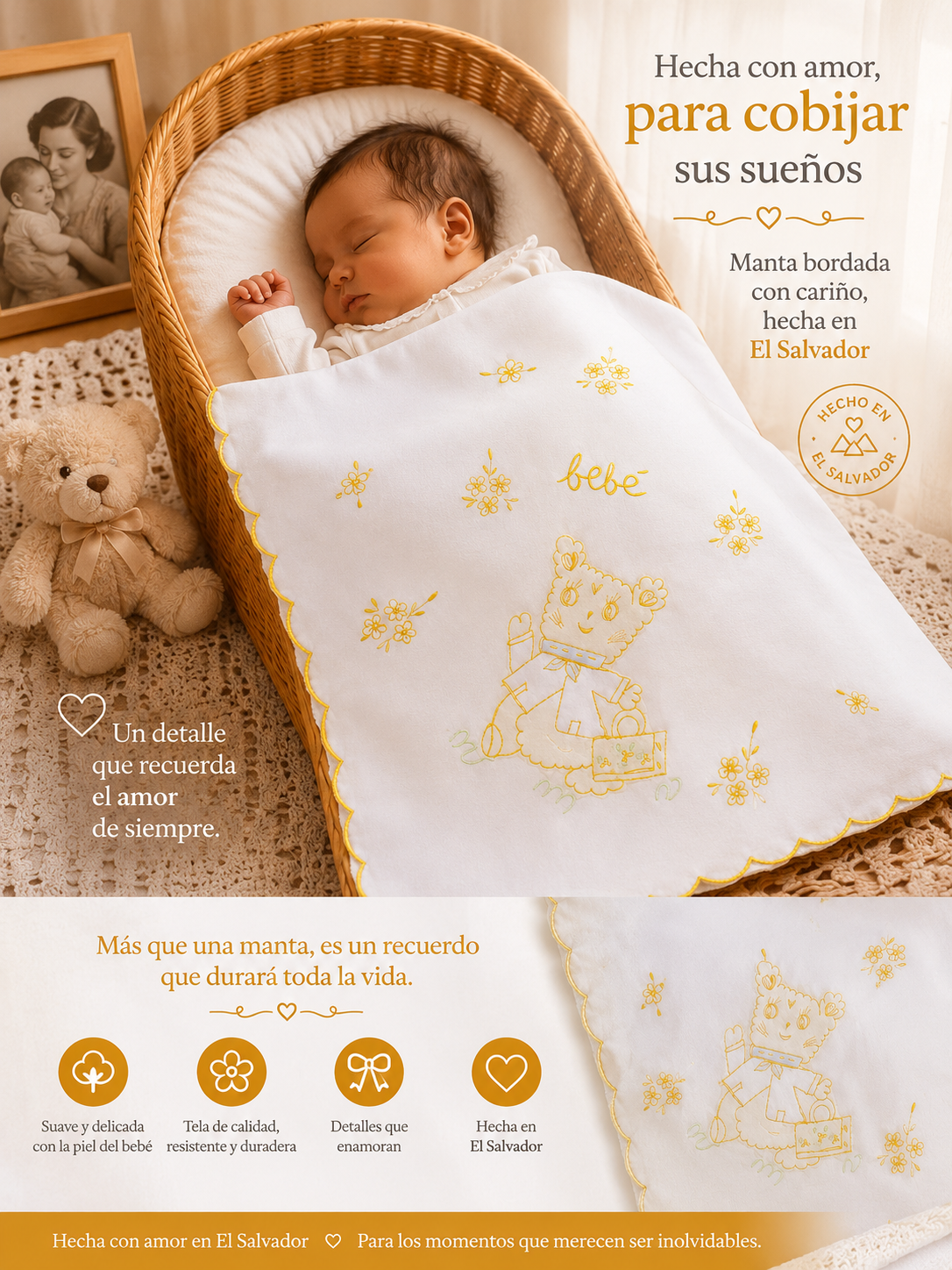 Manta de Bebe - Blanca con Bordado Amarillo